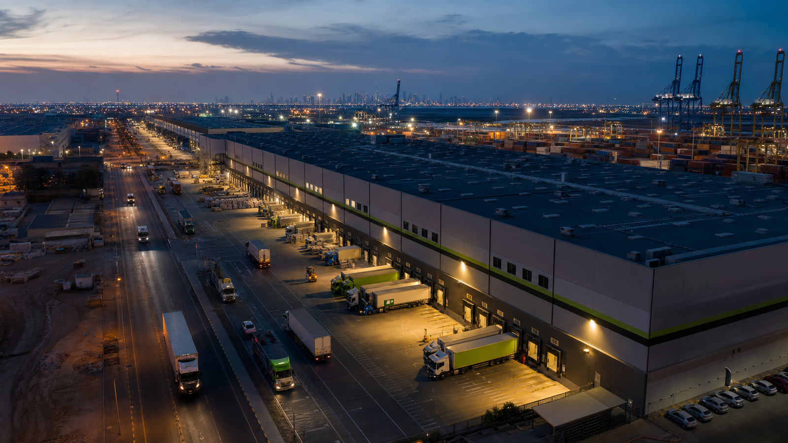 UAE logistics hub at blue hour