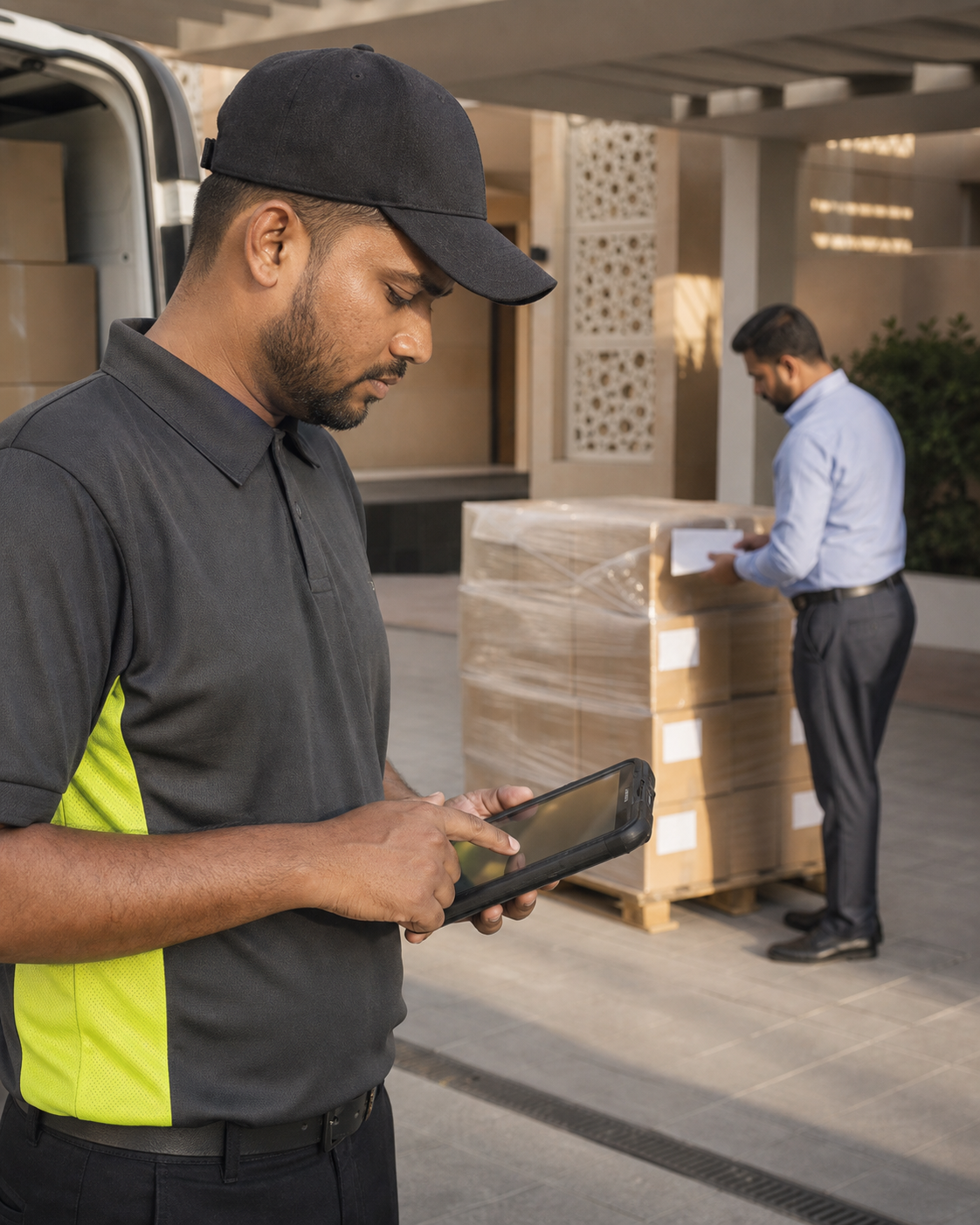 Driver completing digital proof of delivery