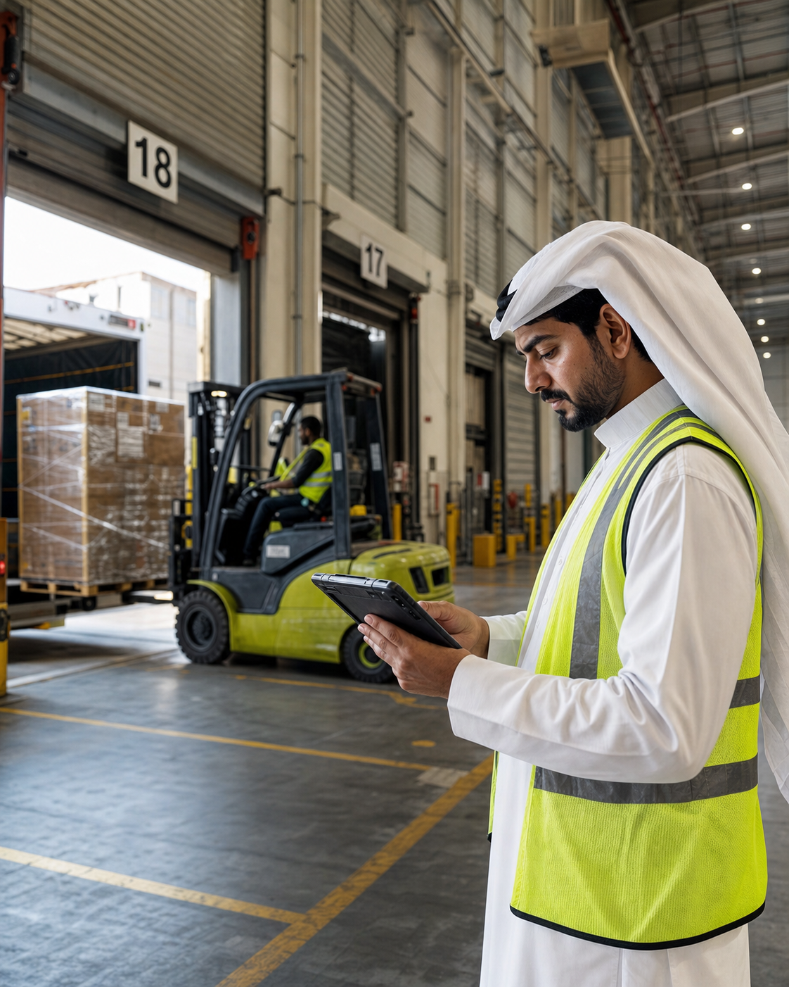 Warehouse supervisor monitoring a loading operation